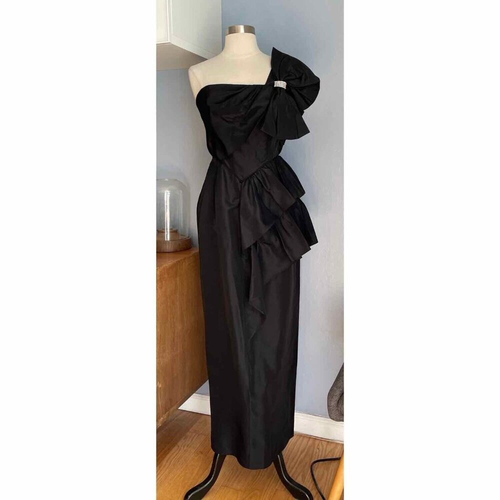 Vtg Climax Karen Okada David Howard Black One Shoulder Bow Party Prom Sz 0/2